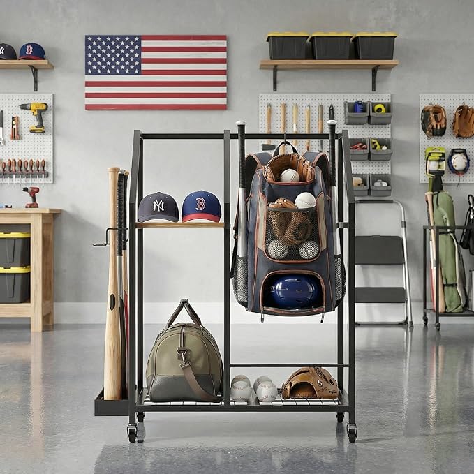 Golf Storage Organizer for Garage, Golf Bag Storage Rack with Wheels, Mobile Golf Club Rack for Garage, Heavy Duty Golf Bag Holder Stand with Rolling Wheels & Multi Storage