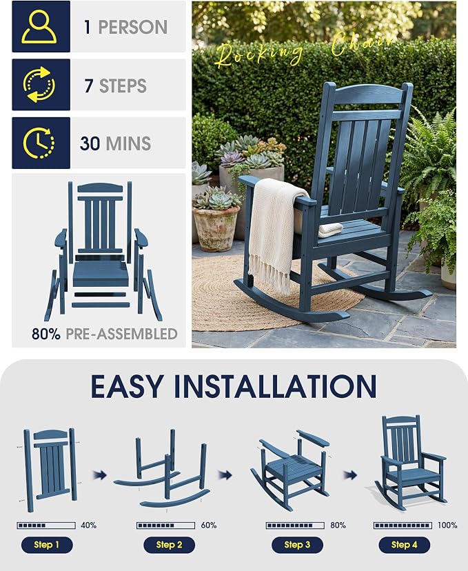 Oversized Outdoor Rocking Chairs Set of 6, HDPE Porch Rockers - Image 8