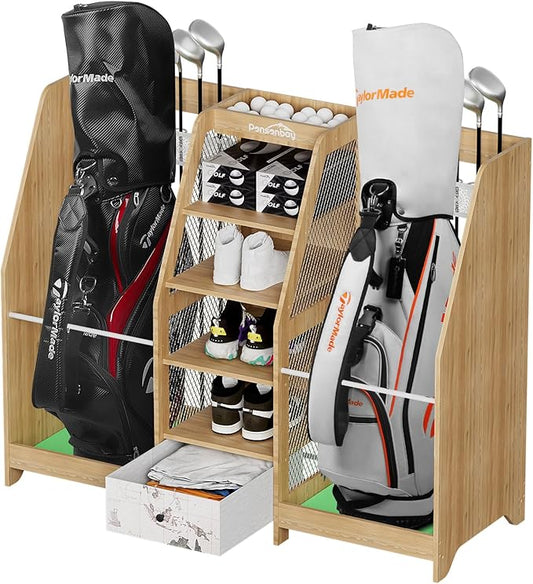 Golf Bag Storage Organizer for Garage, Premium Wooden 2 Golf Bags Rack with Drawer, Easy Assemble Golf Club Stand/Holder Suitable for Garage Home Simulator and Office