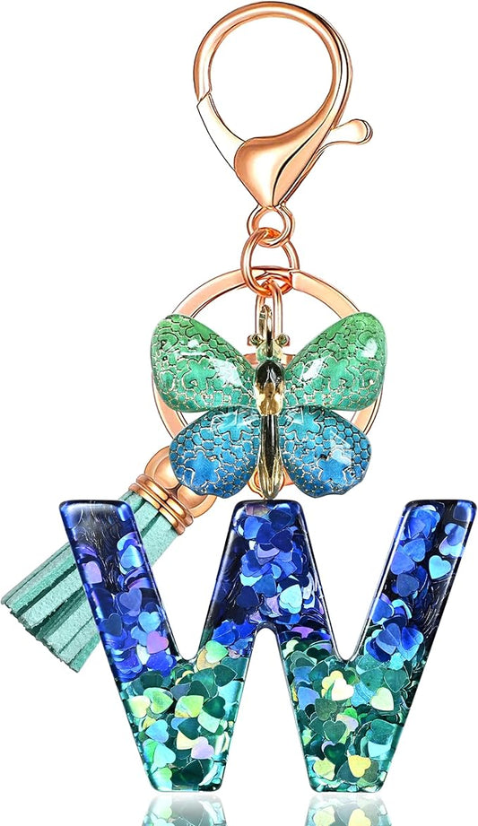 JINGUAZI Initial letter Keychains for Women Tassel Butterfly Pink Purple Cute Car Keychain for Wallet Backpack bag charm