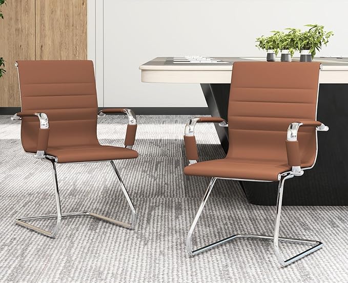 CIMOTA Waiting Room Chairs Leather Office Guest Chair Mid Back Reception Chairs with Sled Base for Meeting/Patient/Conference Room, Coffee Set of 4