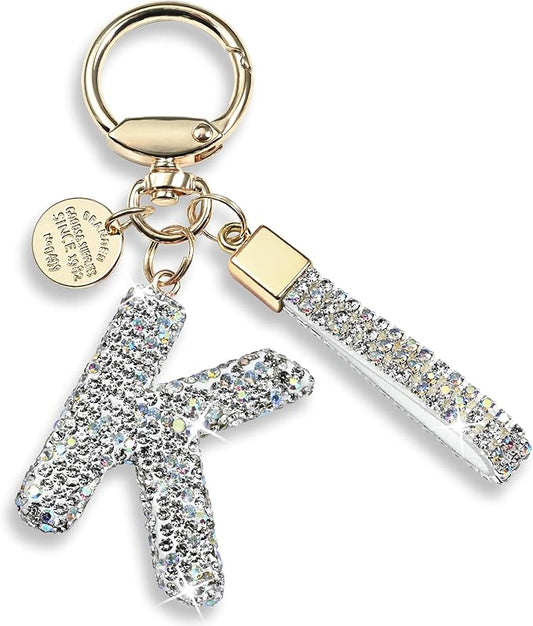 Pink Blue White Initial Letter Keychain Gift for Women Girls Bling Sparkly Cute Backpack Car Key Accessories Lanyard