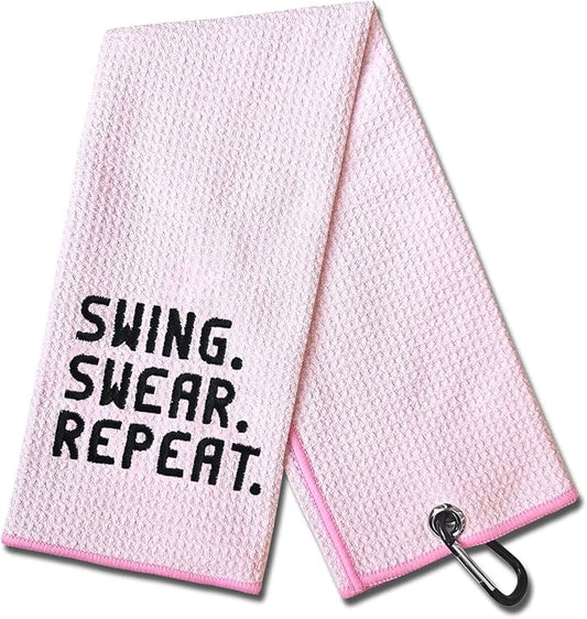 DYJYBMY Swing Swear Repeat Funny Pink Golf Towel with Clip, Fit for Men, Dad, Boyfriend, Birthday Gift for Golf Fan, Funny Golfer