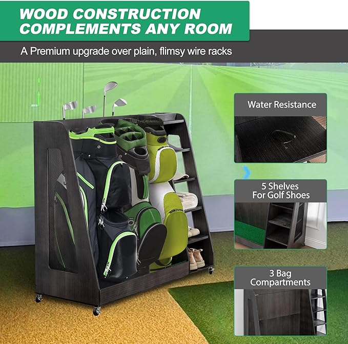 Wooden Golf Bag Organizer and Storage Rack, Accommodate Golf Bags and Golf Clubs/Hockey Sticks, Golf Balls, Inside and Outside The Garage shed Basement