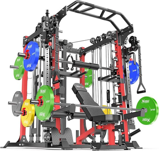 Smith Machine，Multi-Function Squat Rack Power Cage with Cable Crossover System,with Optional Weight Bench, Olympic Barbell Weight Set, for Home Gym