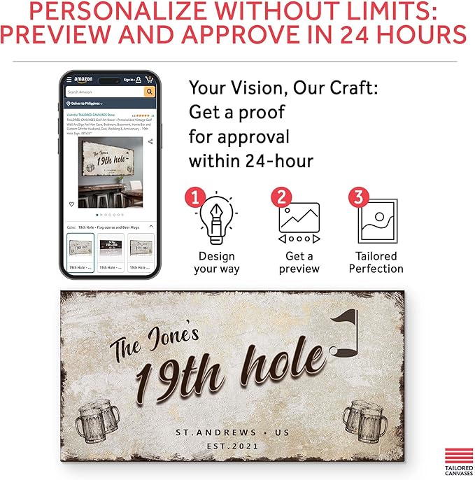 TAILORED CANVASES Golf Art Decor - Personalized Vintage Golf Wall Art Sign for Man Cave, Bedroom, Basement, Home Bar and Custom Gift for Husband, Dad, Wedding & Anniversary - 19th Hole Sign, 60"x30"