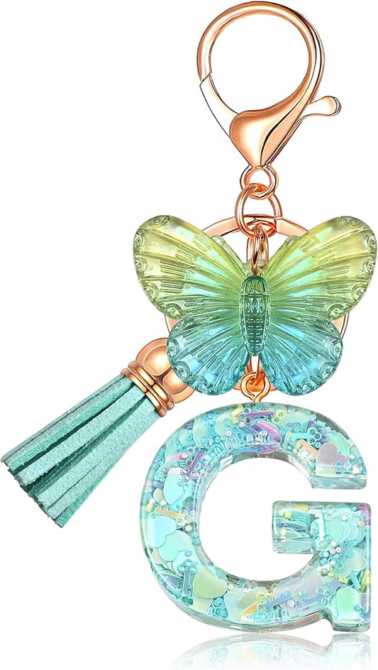 JINGUAZI Initial letter Keychains for Women Tassel Butterfly Pink Purple Cute Car Keychain for Wallet Backpack bag charm