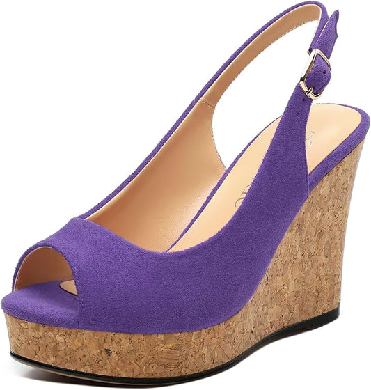 Womens Wedge Platform Sandals Peep Open Toe Slingback Buckle High Heel Dress Shoes Pumps Suede 3.94 Inch