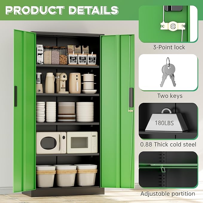 INTERGREAT Metal Storage Cabinet with Lock, 63" H Metal Cabinets Storage with 2 Doors and 4 Adjustable Shelves, Locking Garage Cabinet for Home Office, Kitchen, Bathroom (Black Green)