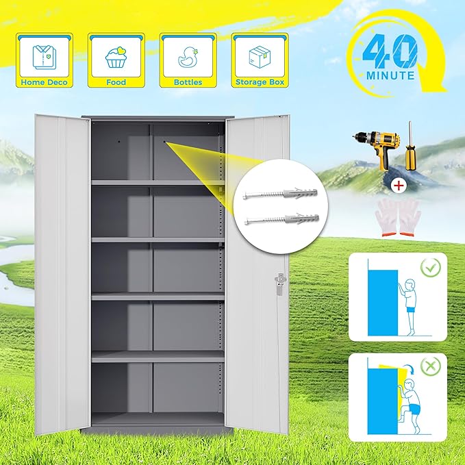 Pataku Metal Storage Cabinet, 72" Garage Cabinet with Doors and Shelves Lockable Steel Multifunctional Cabinets, File Cabinets for Home, Office, Garage, Warehouse(White Grey)