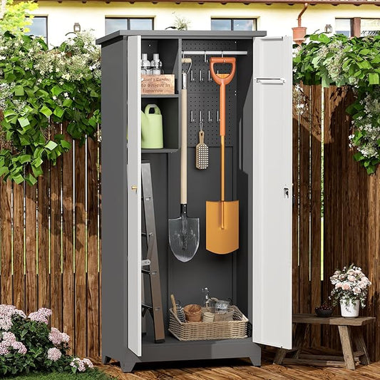 GREATMEET 72.8" Outdoor Broom Storage Cabinet, Metal Storage Cabinets for Cleaning Supplies with Slanted Roof, Waterproof Outdoor Slim Shed,Utility Closet for Broom Mop, Grey&White