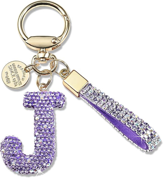 Pink Blue White Initial Letter Keychain Gift for Women Girls Bling Sparkly Cute Backpack Car Key Accessories Lanyard