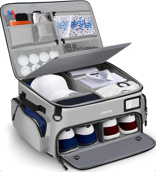 Golf Trunk Organizer, Waterproof Car Golf Locker with Separate Ventilated Compartment for 2 Pair Shoes, Golf Storage for Balls, Tees, Cap, Clothes, Gloves, Accessories, Gifts for Men, Women