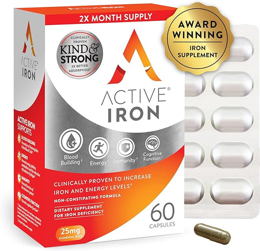 Active Iron Supplement 25mg – Clinically Proven to Increase Iron & Energy Levels – Gentle, Non-Constipating, Highly Absorbed – 60 Capsules