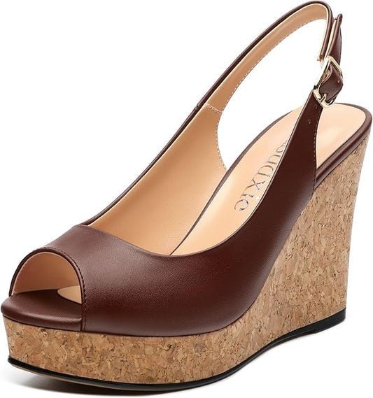 Womens Peep Toe Wedge Heels Matte Fashion Cork Slingback Pumps Platform Wedge Sandals 3.94 Inches
