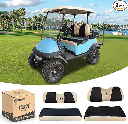 10L0L Golf Cart Front and Rear Seat Cover Set for Club Car DS/Precedent/Onward/Tempo & Yamaha G29 /Drive 2,Stylish 4 Passenger Front Back Seat Covers,Breathable Washable Polyester Mesh (Black/Beige)