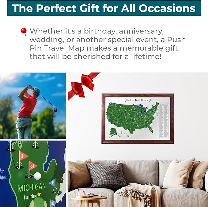 Push Pin Travel Maps Customizable Wall Art - Top Golf Courses USA Map - Solid Wood Cherry - Framed Pin Map, Includes 150 Pins - Handcrafted in USA - 27.5" x 39.5"