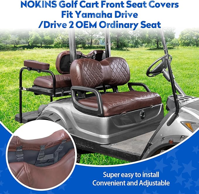 NOKINS Golf Cart Seat Covers for YAMAHA/G29/Drive2, Vinyl Front&Rear Seat Cover with Flip-Up Armrests kit, with Cup Holder, for 1" Square Tube (Brown&Brown 8438)