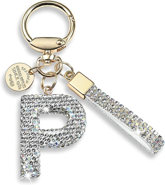 Pink Blue White Initial Letter Keychain Gift for Women Girls Bling Sparkly Cute Backpack Car Key Accessories Lanyard