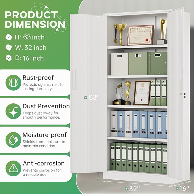 INTERGREAT Metal Storage Cabinet with Lock, 63" H Metal Cabinets Storage with 2 Doors and 4 Adjustable Shelves, Locking Garage Cabinet for Home Office, Kitchen, Bathroom (White)