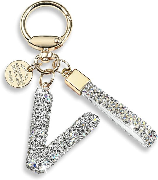 Pink Blue White Initial Letter Keychain Gift for Women Girls Bling Sparkly Cute Backpack Car Key Accessories Lanyard
