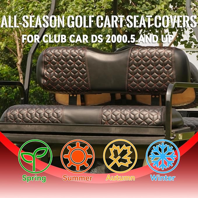 Golf Cart Seat Covers Front and Rear for Club Car DS 2000.5+ Standard Seat Cushion, EZGO Vinyl Leather Seat Cover Set Replacement Accessories, No Staples, Black(4 PCS)