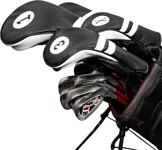 ProActive Sports | Vintage Golf Club Head Covers | for Drivers, Fairway Woods, and Hybrids | Classy Headcovers That Fit Most Clubs | Classic Leather Look | X Hybrid Headcover | Black/White
