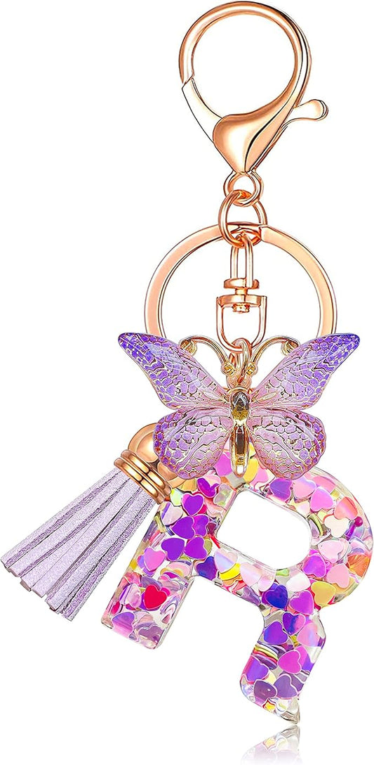JINGUAZI Initial letter Keychains for Women Tassel Butterfly Pink Purple Cute Car Keychain for Wallet Backpack bag charm