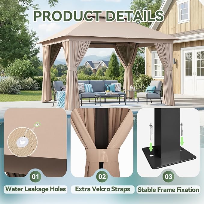 Aoxun 10x10FT Metal Frame Outdoor Gazebo w/Light, Khaki | UPF50+ Protection - Image 7