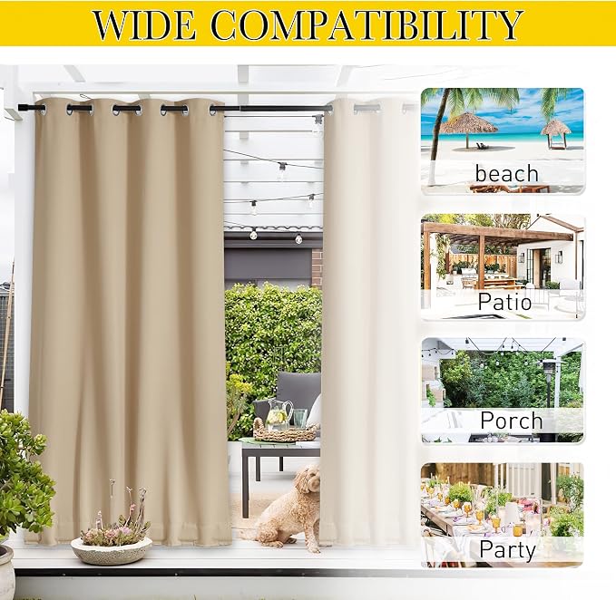 NICETOWN Outdoor Curtains for Patio Waterproof W84xL95 Biscotti Beige | Porch - Image 6