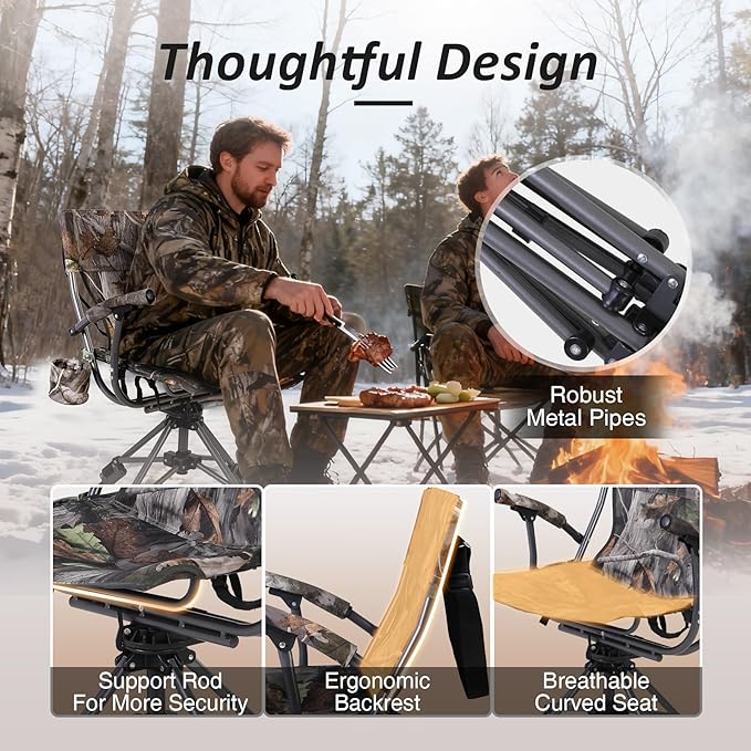 REDCAMP 360° Swivel Hunting Chair with Adjustable Feet for Ground Blinds, Portable Folding Camo Camping Chairs for Adults Hunting Seats with Hard Arms for Fishing Camping