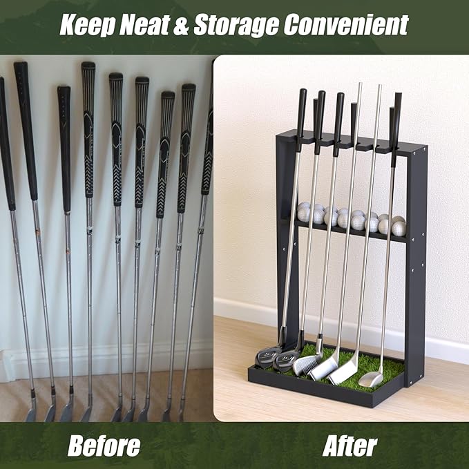 Golf Putter Stand, Premium Wooden Golf Club Rack for 6 Clubs, 18 Balls & 3 Putter Covers Storage, Golf Putter Stand, Floor Display Rack for Indoor Home Office Club Simulator