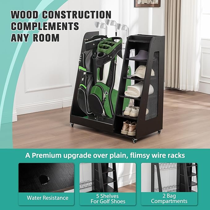 Wooden Golf Bag Organizer for Garage with Drawers, 2 Golf Bag Holder with Club Holders On Side for Car Garage Club Shed Basement, Gray
