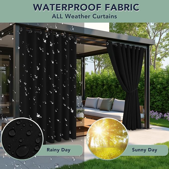 Black Outdoor Curtains for Patio Waterproof, 6 Drape Panels | Privacy & - Image 2