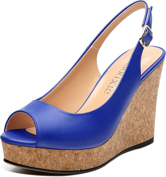 Womens Peep Toe Wedge Heels Matte Fashion Cork Slingback Pumps Platform Wedge Sandals 3.94 Inches