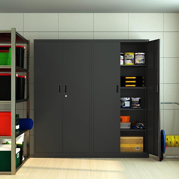 CJF Metal Storage Cabinet, 72" H Locking Storage Cabinet with Adjustable Shelves, Steel Cabinets for Garage, Office, Home, School-Black