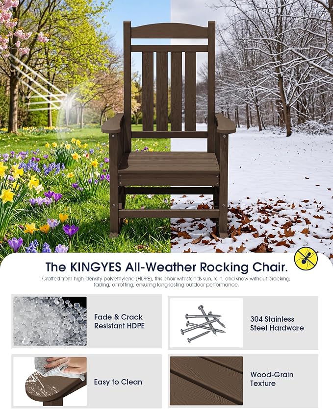 Oversized Outdoor Rocking Chair Set of 6, HDPE Porch Rocker, Coffee | - Image 4
