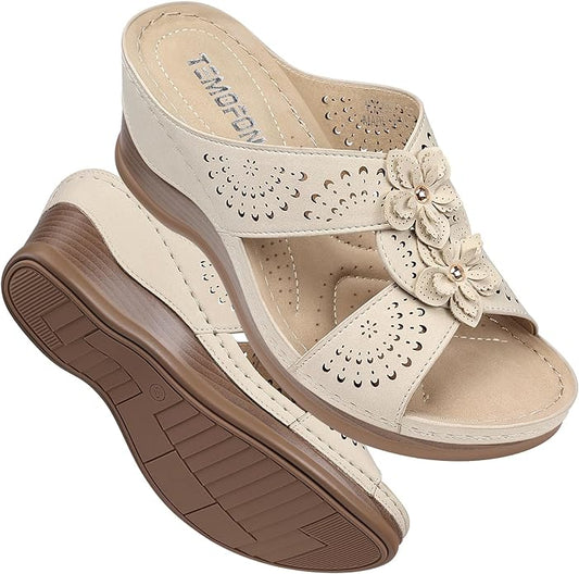 TEMOFON Womens Wedge Sandals Leather: Dressy Sandal, Rubber Sole, Comfortable Walking, Casual Slip on Summer Shoes, Size 5-11