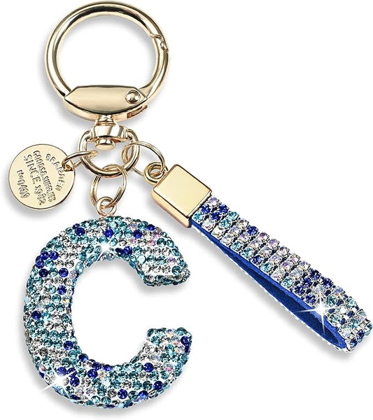 Pink Blue White Initial Letter Keychain Gift for Women Girls Bling Sparkly Cute Backpack Car Key Accessories Lanyard