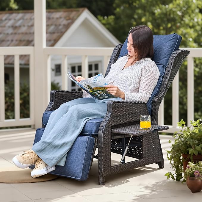Outdoor Wicker Recliner with Adjustable Back and Footrest, PE Rattan Lounge - Image 7