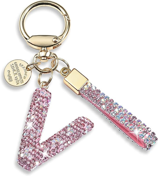 Pink Blue White Initial Letter Keychain Gift for Women Girls Bling Sparkly Cute Backpack Car Key Accessories Lanyard