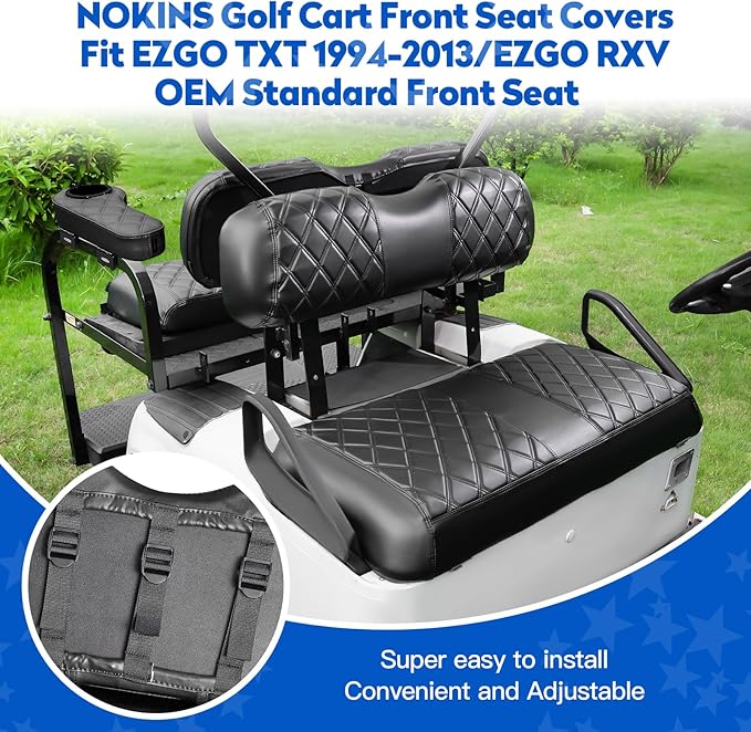 NOKINS Golf Cart Seat Covers for EZGO TXT 1994-2013/EZGO RXV, Vinyl Front&Rear Seat Cover with Flip-Up Armrests kit, with Cup Holder, for 1" Square Tube (Black&Black Stitching)