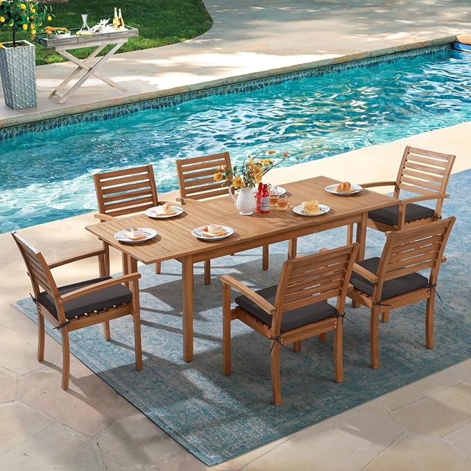 Stackable Patio Dining Chairs Set of 6, Dark Grey | Outdoor Acacia Wood Chairs - Image 5