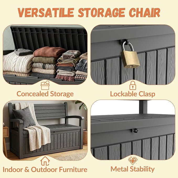 110 Gallon Outdoor Storage Bench, Lockable Patio Storage Bench, - Image 4