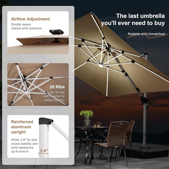 PURPLE LEAF Cantilever Umbrella 10' X 10' Double Top LED Light, Deep Beige | 7 - Image 4