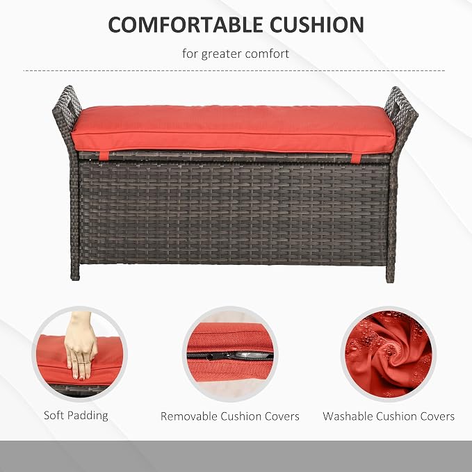 Outsunny 29 Gallon Patio Wicker Storage Bench Outdoor PE Rattan Red | Furniture - Image 5