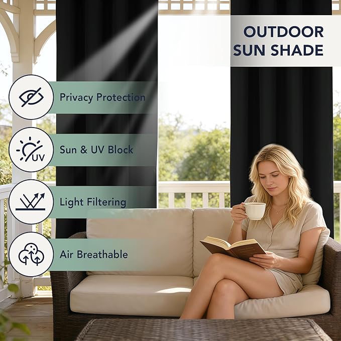 Black Outdoor Curtains for Patio Waterproof, 6 Drape Panels | Privacy & - Image 3