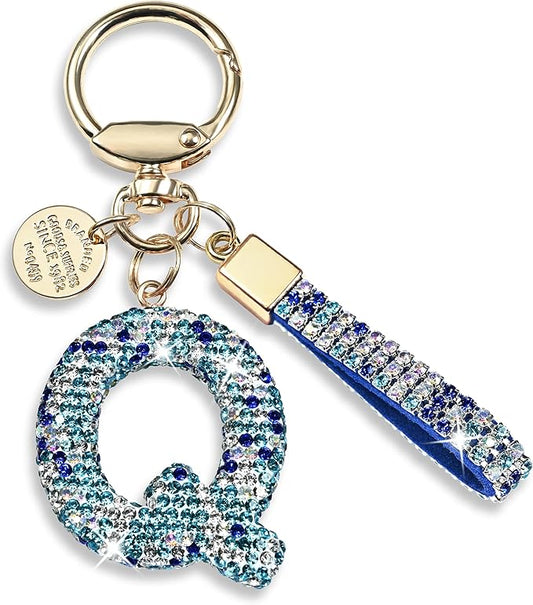 Pink Blue White Initial Letter Keychain Gift for Women Girls Bling Sparkly Cute Backpack Car Key Accessories Lanyard