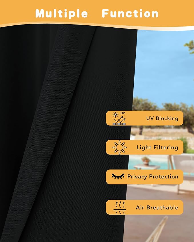 Extra Wide Outdoor Curtains for Patio Waterproof 2 Pcs 110x95 Inch Black | - Image 3