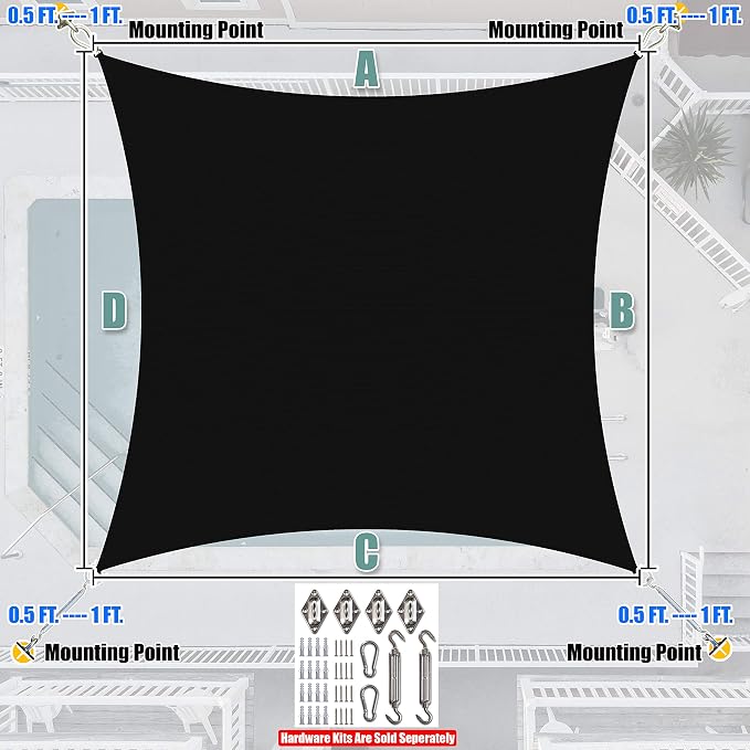 Amgo Custom Size 9' x 12' Black Rectangle Square Sun Shade Sail UPF50+ - Image 7